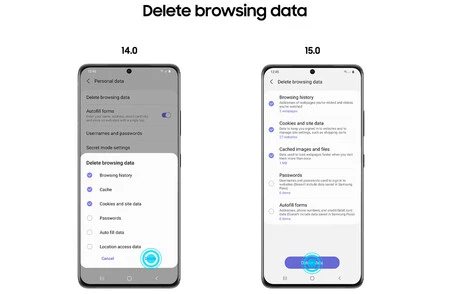 閲覧データの選択的削除。左、Samsung ブラウザ バージョン 14。そうです、バージョン 15