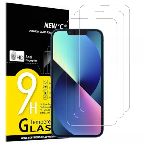 NEW'C 3 Piezas, Protector Pantalla para iPhone 14, iPhone 13, iPhone 13 Pro (6,1 Pulgadas), Cristal templado Antiarañazos, Antihuellas, Dureza 9H, 0.33 mm Ultra Transparente, Ultra Resistente