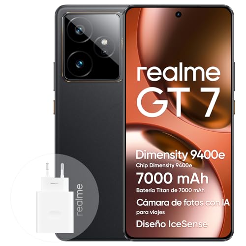 realme GT 7 Smartphone 5G de 12+512 GB, chipset Insignia Dimensity 9400e, batería Titan de 7000 mAh, Pantalla de 6000 nits, cámara IMX 906 OIS de 50 MP, planificador con IA, IP69, IceSense Negro