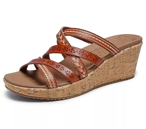 Skechers BEVERLEE TIGER POSSE, Sandalias con Cuña para Mujer, Luggage Duraleather, 39 EU