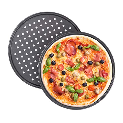 Relaxdays Juego de 2 Bandejas Pizza Horno Redondas, Antiadherentes y Perforadas, Acero al Carbono, Gris, ∅ 32 cm, 2 unidades