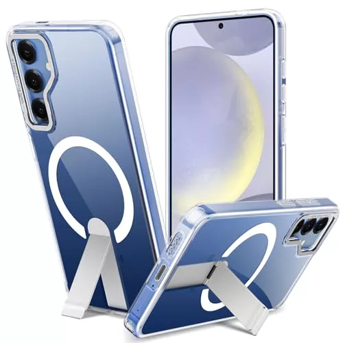 Funda para Samsung Galaxy S25 Plus/S24 Plus con Soporte Compatible MagSafe, Magnética Carcasa S25 Plus/S24 Plus Soporte Protección Militar Fina Antigolpes Case Anti-Amarillo, Transparente