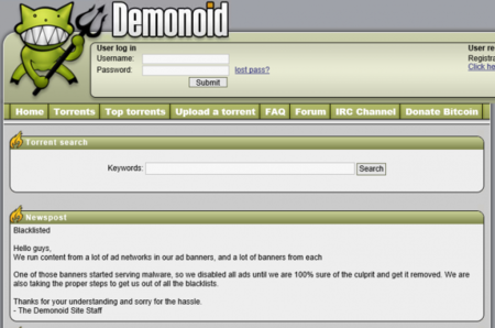 Demonoid ha estado distribuyendo malware a través de sus anuncios