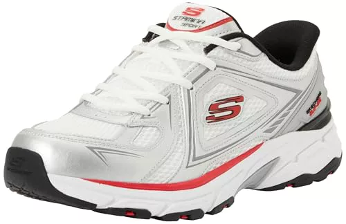 Skechers Stamina Sport Kordae, Zapatillas Hombre, White Leather/Silver Mesh/Red PU, 47.5 EU
