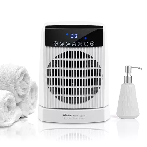 Ufesa Persei Calefactor Digital 2000W con Protección IP21, 3 Niveles de Potencia Calor/Frío, Base Oscilante, Pantalla LED, Termostato Regulable, Temporizador 24h y Protección de Sobrecalentamiento