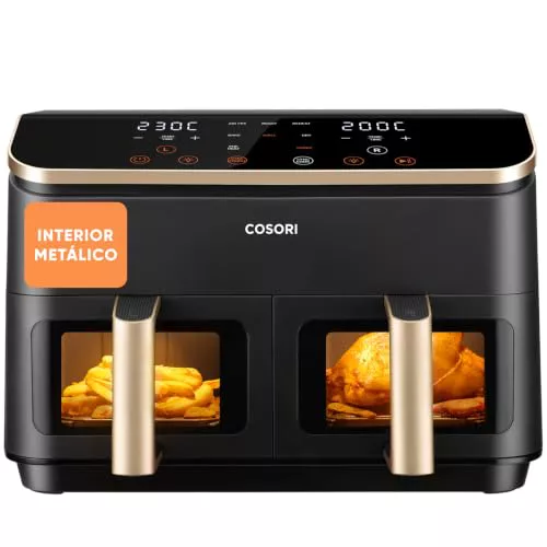Cosori Freidora de Aire 8,5L, Doble Cesta con Ventana, 10 Funciones, Oro