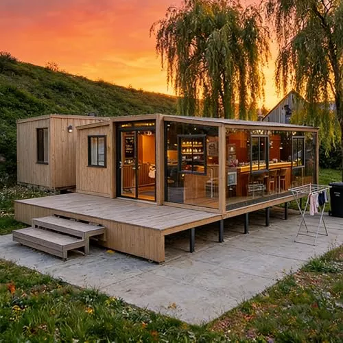 Casa pequeña prefabricada con 4 dormitorios, 2 baños completos, cocina y sala de estar