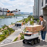 Entregas do futuro na Coreia: drones carregam até 40 quilos sobre rios e repassam encomendas para robôs autônomos que navegam por pátios e sobem até a porta dos moradores 
