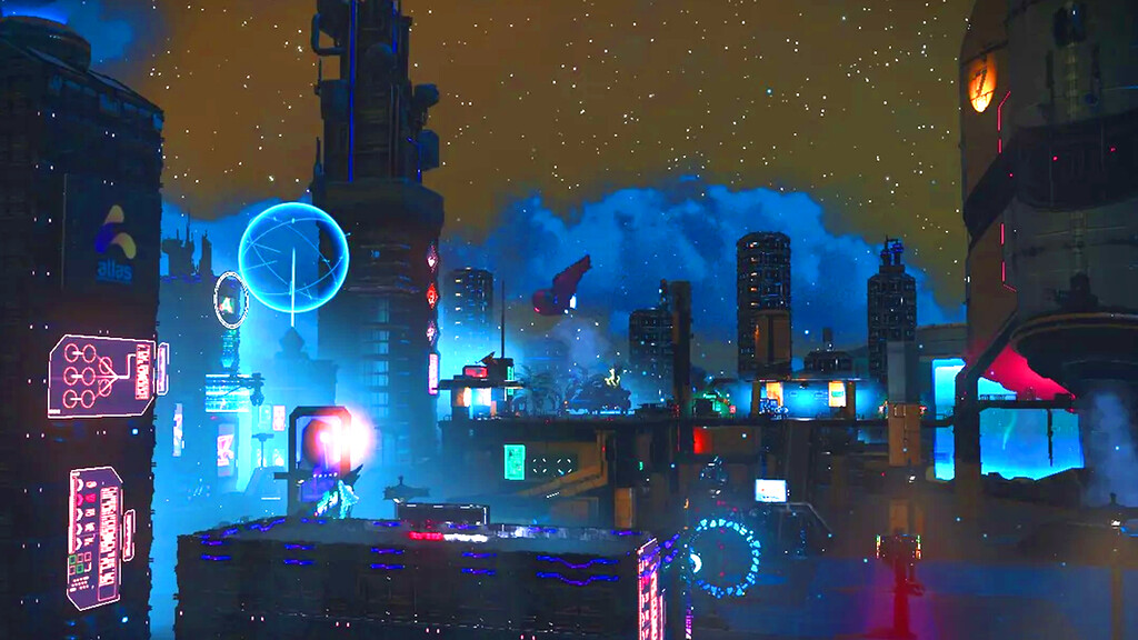 Este jugador de No Man's Sky ha construido una megaciudad cyberpunk que tiene cine, arcades y hasta tiendas de comida