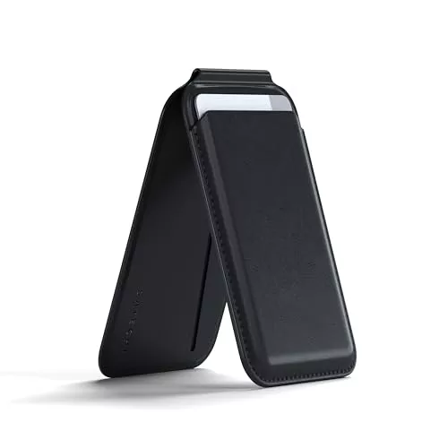SATECHI Cartera MagSafe y Soporte para iPhone, Tarjetero Magnético con Soporte, NFC y 4 Espacios para Tarjetas – Material Premium (PU) Negro