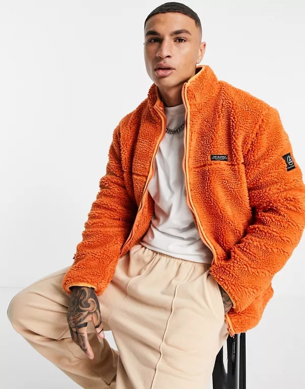 Topman fleece shearling jacket in orange