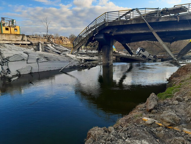 The Rubble Of A Destroyed Bridge In Irpin