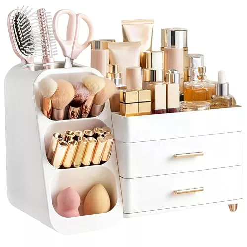 hblife Organizador de maquillaje, organizador de maquillaje con cajones, porta pinceles Make Up, caja cosmética de plástico 3 en 1, caja de almacenamiento de maquillaje blanca