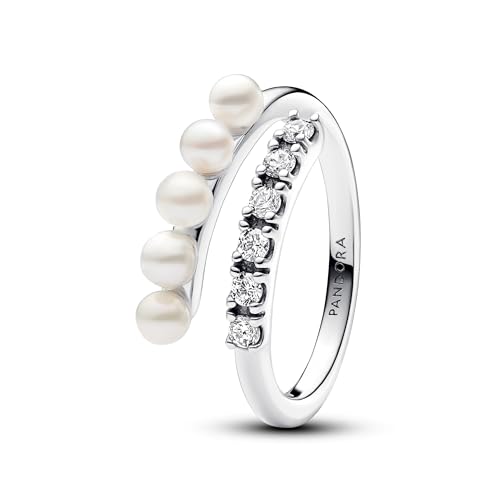 Pandora Timeless Anillo abierto de plata de ley con perla blanca cultivada de agua dulce tratada y circonita cúbica transparente, talla 52