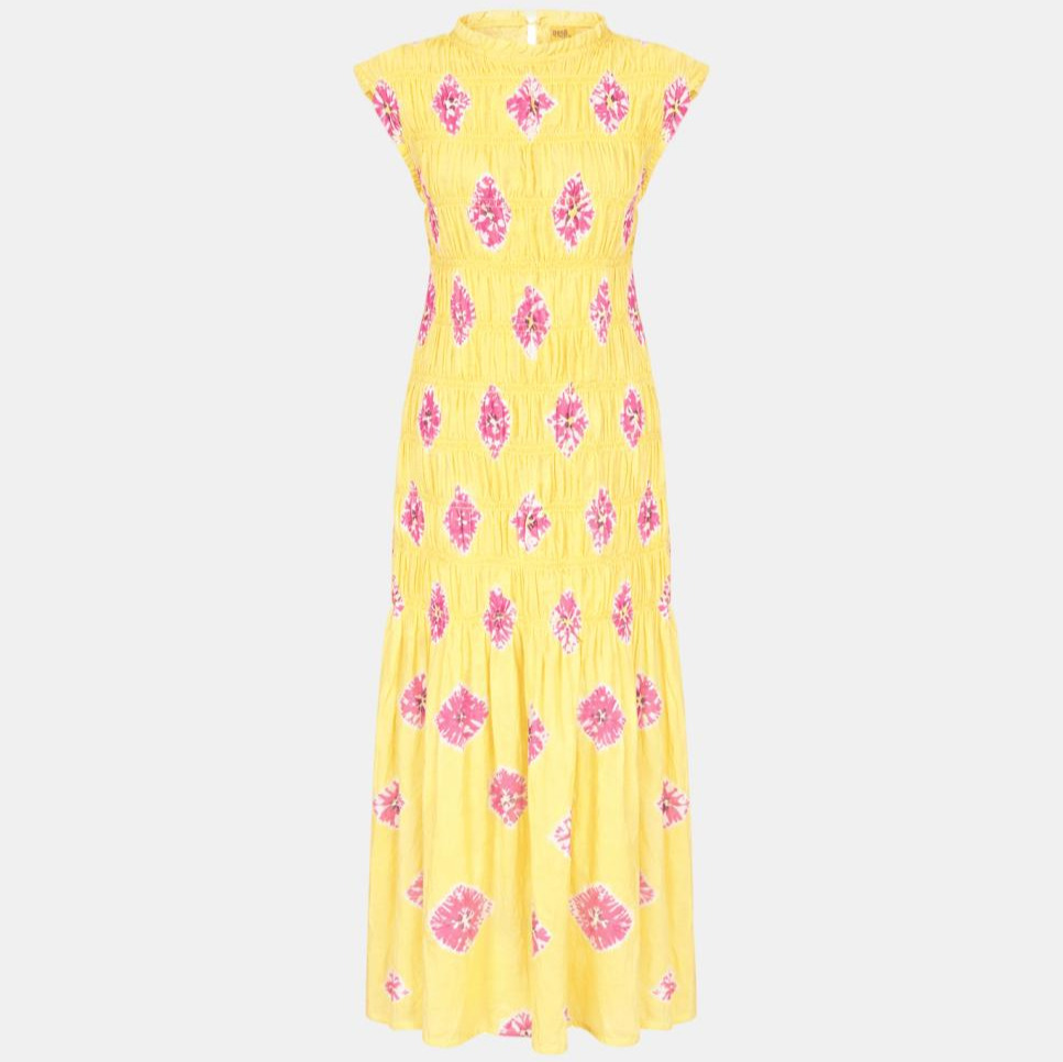 Vestido Jamu Nido de Abeja Amarillo Blanco Par y Escala
