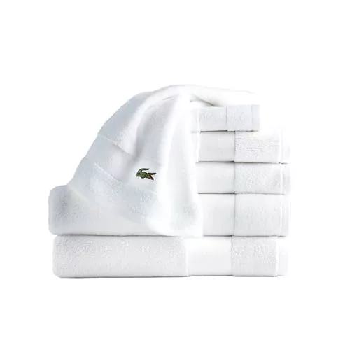 Lacoste Juego de Toallas de algodón de Lujo de 6 Piezas Sport Stripe – Hecho con algodón Supima 100% Suave, Absorbente y Secado rápido, Incluye 2 Toallas de baño, 2 Toallas de Mano, 2 lavabos, Blanco