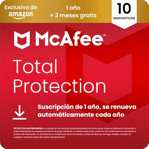 McAfee Total Protection para 10 Dispositivos 2026, 15 meses, Exclusivos de Amazon | Antivirus, VPN, software de seguridad | Suscripción con renovación automática | Descargar