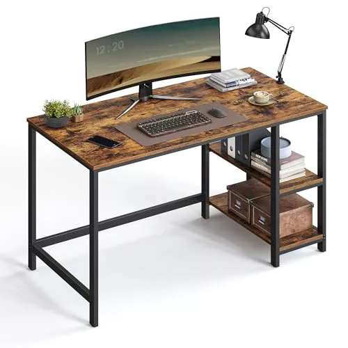 VASAGLE Escritorio, Escritorio con 2 Estantes a la Izquierda o a la Derecha, Mesa de Trabajo, para Salón Oficina, Estructura de Acero, Industrial, Marrón Rústico y Negro Tinta LWD47X