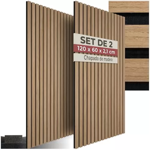 tectake Paneles de Pared Decorativos MDF, Chapa de Madera Real, Excelente Acústica, Tejido de Fieltro y Madera, Insonorización Acústica Pared - 60 x 120 x 2,1 cm 2 Paneles Roble