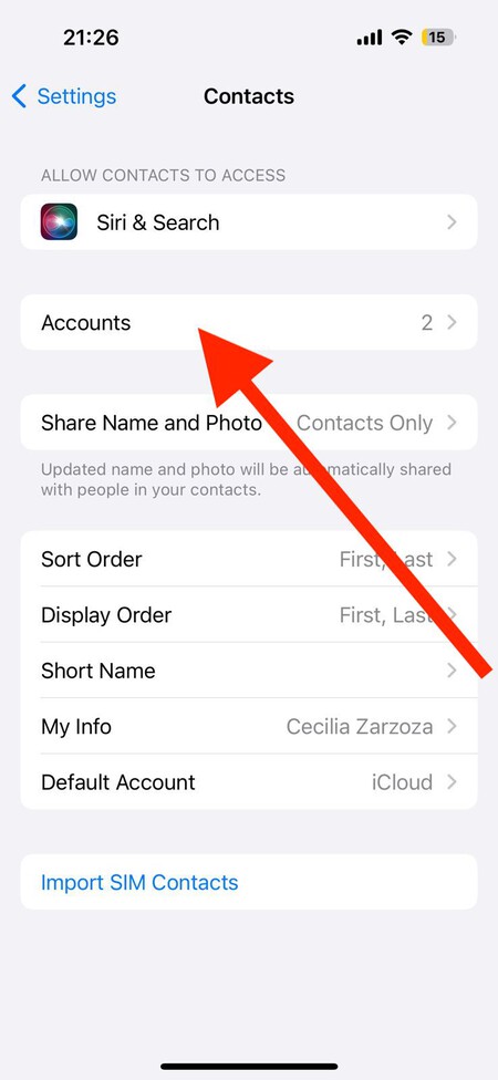 Transfer Contacts Setting iPhone