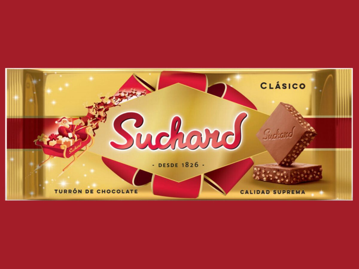 Caja de turrón de Suchard sin bandeja de plástico, mostrando la tableta de chocolate