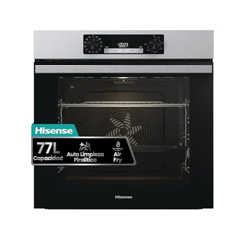 Hisense BI64EPXE1SOL-Horno Multifunción, Horno electrico empotrable, 77L, Auto-limpieza Pirolítica, Guía Telescópica Pirolizable, Modo Air Fry, Pizza, Cocción Multi-Etapas, Calentamiento rápido, Inox