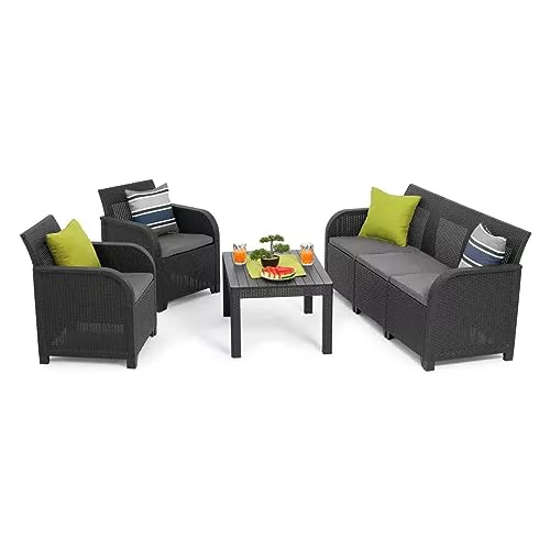 Keter - Conjunto de Jardín Sanremo con Dos sillones y sofá de 3 plazas con Mesa Auxiliar, Resina imitación ratán Trenzado.
