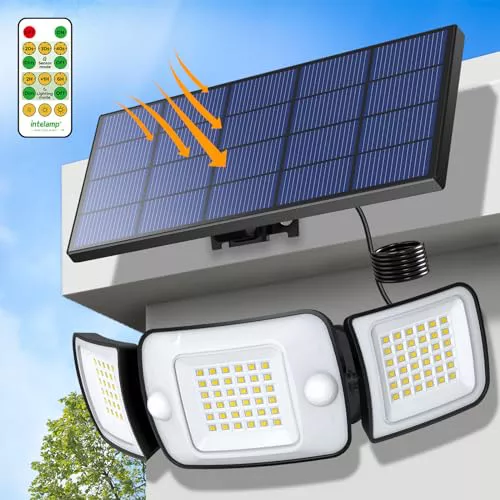 intelamp Focos Exterior Solares, Doble Sensor 270°Iluminación Sensor de Movimiento, 6500K, IP65 Luz Solar Exterior Jardin Lampara Solar con Mando a Distancia para Jardín, Garajes, 4 Modes