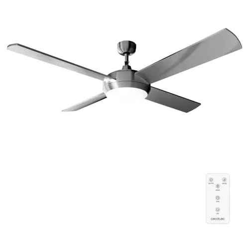 Cecotec Ventilador de Techo con Mando a Distancia, Temporizador y Luz LED EnergySilence Aero 570. 60 W, 132 cm de Diámetro, 4 Aspas, 3 Velocidades, Función invierno, Diseño en Acero