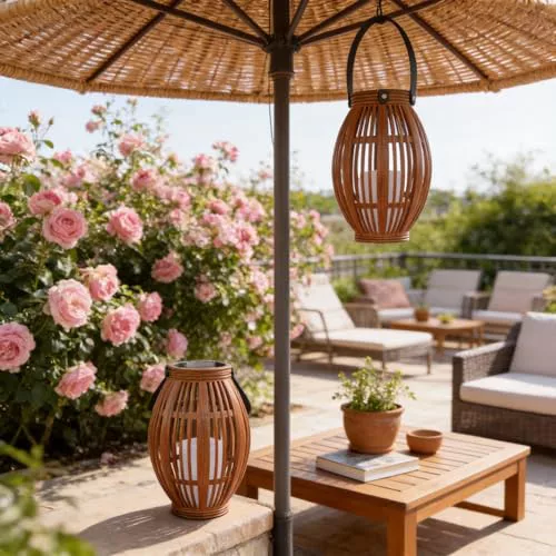 Pack de 2 linternas solares con luz LED, diseño tejido decorativo, natural y negro, luz de jardín para colgar al aire libre