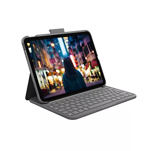 Logitech Slim Folio, funda con teclado para iPad (10.a generación y A16) | Teclado inalámbrico Bluetooth integrado, Disposición QWERTY Español - Gris