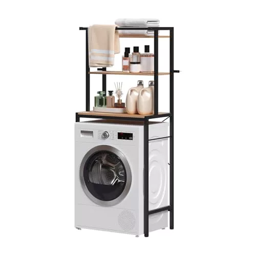 EUGAD Estanteria sobre Inodoro, Estanteria Lavadora con 3 Estantes, Estanteria Alta de Almacenaje Baño, Mueble sobre Lavadora con Barra de Colgar, 67x40x162 cm