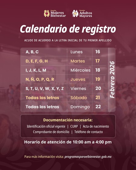 Calendario Registro Bienestar Febrero 2026