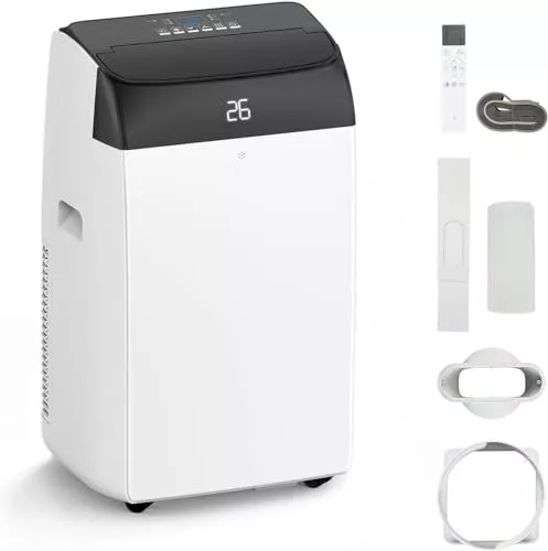 Aire Acondicionado portátil 12000 BTU silencioso 4en1 frío ventilación deshumidificación función Sígueme 43-51m² Manguera Escape Pantalla Digital Mando Temporizador 24h (Negro)