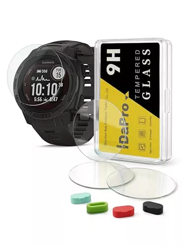 iDaPro Paquete de 4 Protectores de Pantalla para Garmin Instinct Solar Tactical/Instinct Watch(Not para Instinct 2/2s/2x/3) + Tapones Antipolvo de Silicona, Vidrio Templado Antiarañazos, Sin Burbujas