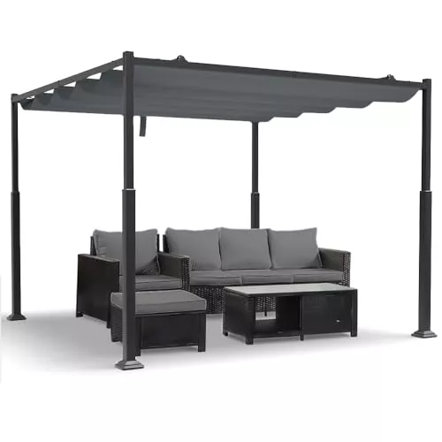 VOUNOT® Cenador Autoportante 3x3m con Techo Retráctil, Pérgola de Jardín con Lona Corredera de Poliéster 180g/m², Estructura Metálica Estable, Diseño Elegante Patio Terraza Exterior Gris Oscuro