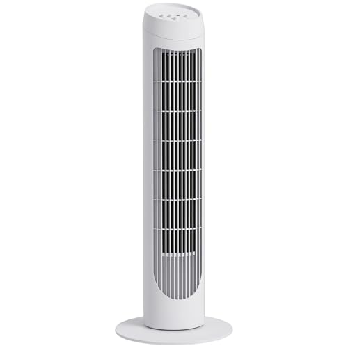 HOMCOM Ventilador de Torre 45W Ventilador Vertical Silencioso con 3 Velocidades Oscilación 70° para Salón Dormitorio Oficina Ø27x75 cm Blanco
