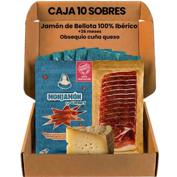 10 SOBRES DE JAMÓN DE BELLOTA 100% IBÉRICO +36 MESES PREMIUM+ QUESO Oveja Curado La Antigua REGALO - ELEGIDO PRODUCTO DEL AÑO 2025