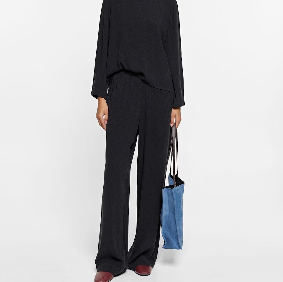Pantalones rectos de mujer con cintura elástica en liso - Parfois - Azul marino

