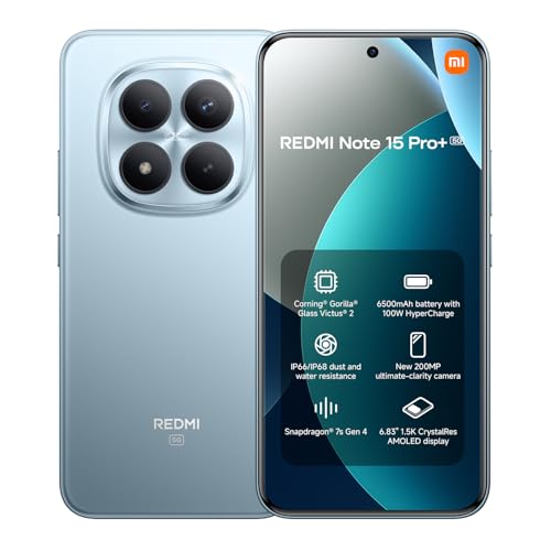 XIAOMI REDMI Note 15 Pro+ 5G - Smartphone de 8+256GB, Pantalla AMOLED 6,83" 1.5K AMOLED, Snapdragon 7s Gen 4, cámara de 200 MP, Hypercharge 100W, Cargador no Incluido, Azul Glaciar (Versión ES)
