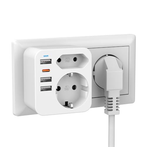 Enchufe Doble para Enchufe, Enchufe múltiple con 1 Tipo C (PD 20 W, Carga rápida) y 3 USB, 2 enchufes múltiples para Adaptador de enchufes, Compatible con teléfono, Enchufe USB C (Blanco)