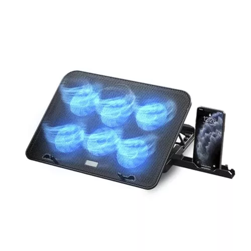 NK Base Refrigeradora Portátil - Ventilador Ordenador Portatil de 12-17" con Soporte Ajustable 5 Alturas, 6 Ventiladores Silenciosos, 2 Puertos USB, Refrigeración Rápida, Luz LED Azul - Color Negro