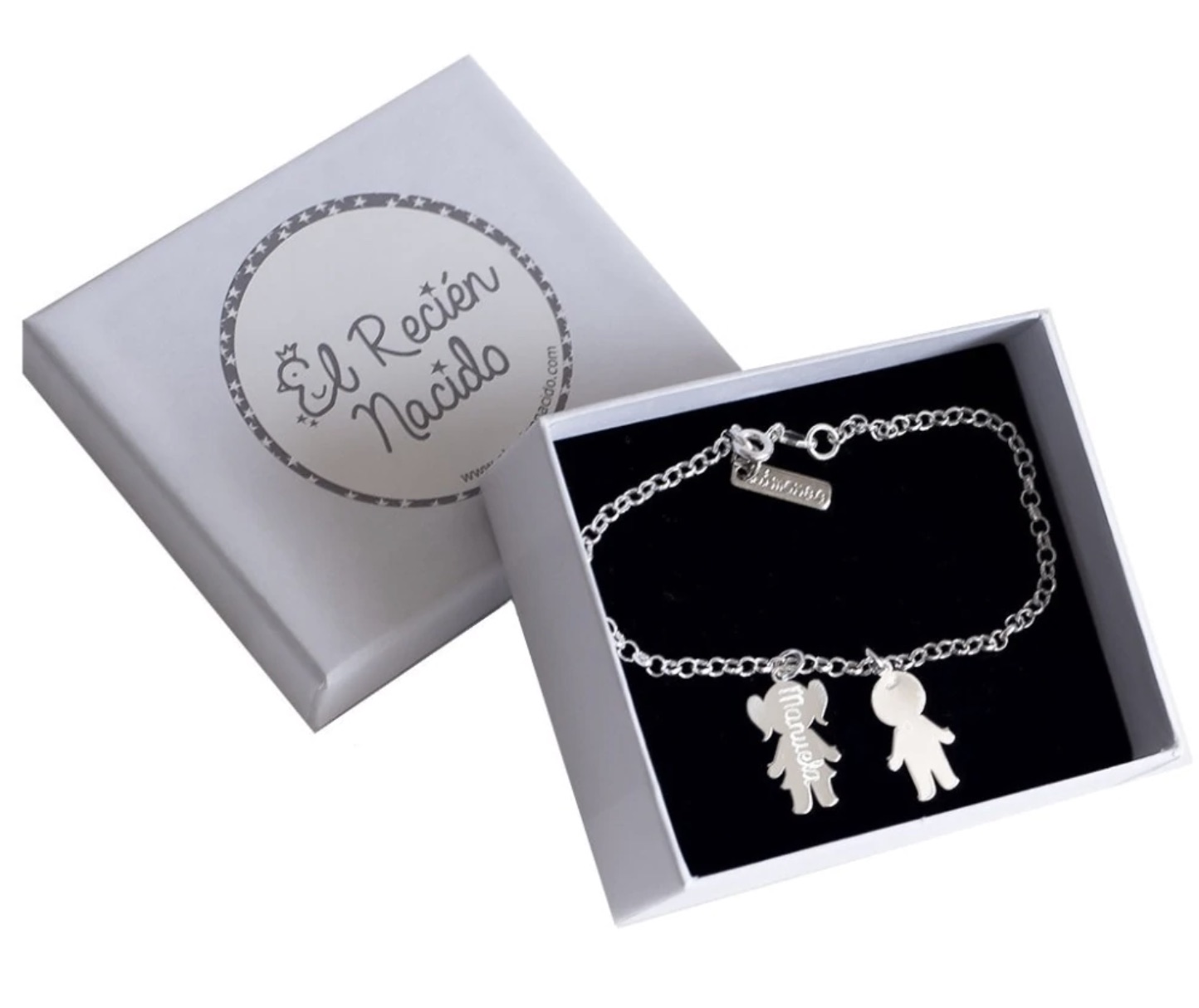 EL RECIÉN NACIDO
Pulsera de El Recién Nacido de plata para mamá con 2 siluetas de niño/a y sus nombres grabados