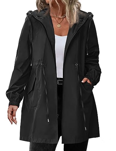 IN'VOLAND Chaqueta impermeable para mujer, talla grande, larga, ligera, con capucha, cortavientos, con bolsillos, Negro, 22 Plus