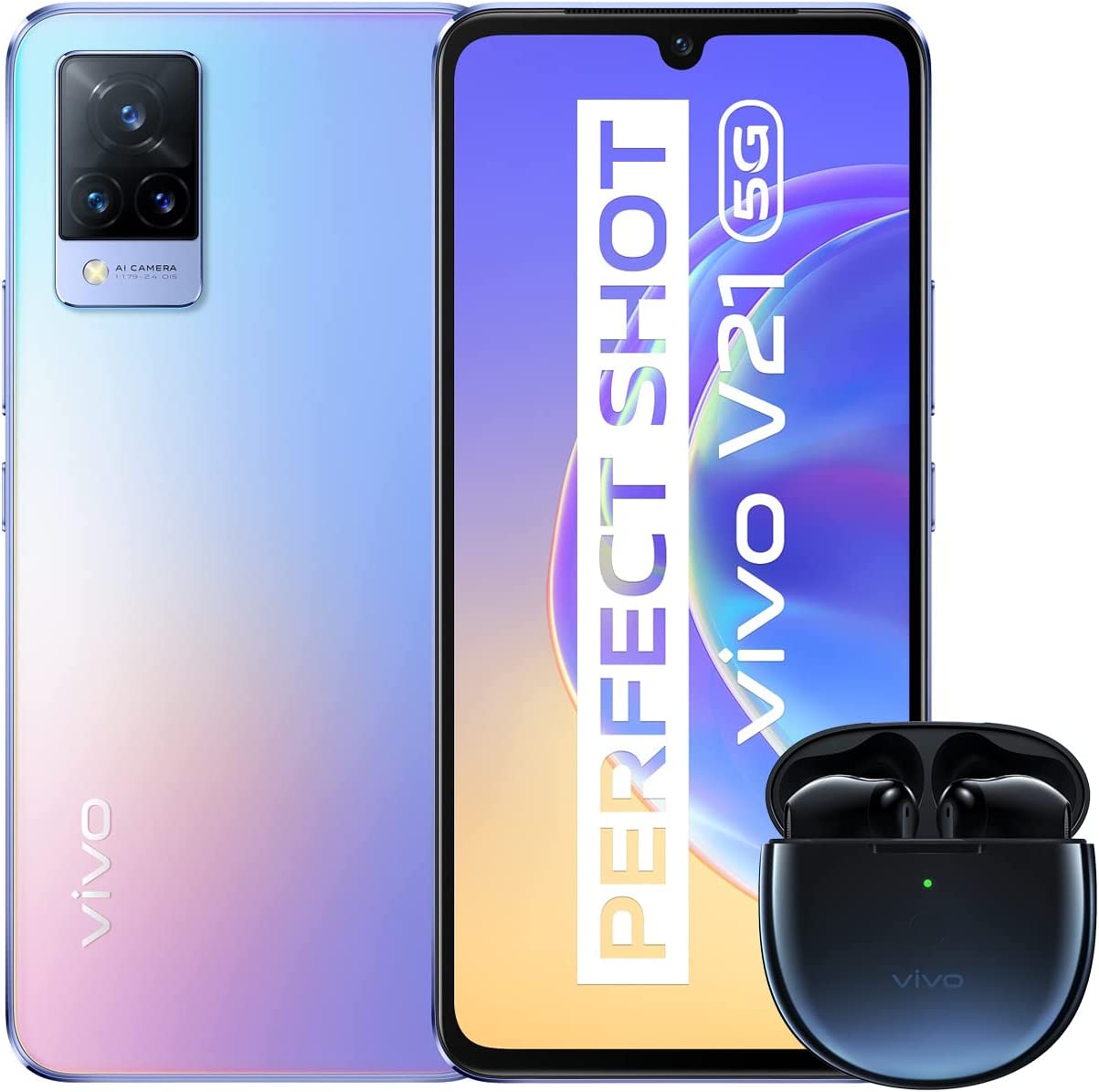 vivo V21 5G Smartphone & TWS Neo Earbuds, 8GB + 128GB, Selfie en Modo Supernoche con Estabilización de Imagen óptica de 44 MP, Triple Cámara de 64 MP, 6,44 Pulgadas, Dual SIM (Bundle-Sunset Dazzle)