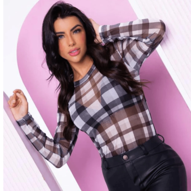 Body Bory Feminino Xadrez de Tule Transparente Confortável Gola Redonda Modelo Exclusivo