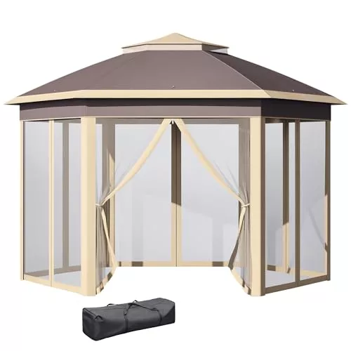 Outsunny Carpa Plegable 4x3,4x2,85 m Cenador de Jardín Hexagonal con Doble Techo 6 Mosquiteras Desmontables Bolsa de Transporte Altura Ajustable en 3 Niveles y Anti-UV Gazebo para Fiesta Patio Beige