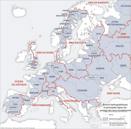 Uma alternativa mais detalhada das divisórias continentais na Europa