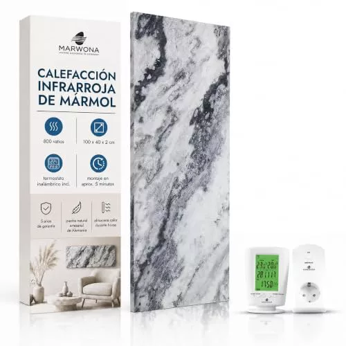 Marwona calefactor de infrarrojos de piedra natural 800 W - Qarama | Termostato inalámbrico, calefactor de mármol auténtico, montaje mural, 100 x 40 cm, eficiente, silencioso, diseño elegante