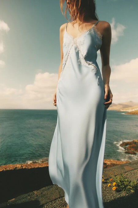 Vestido Lencero Satinado Invitada Barato Elegante Bonito Azul